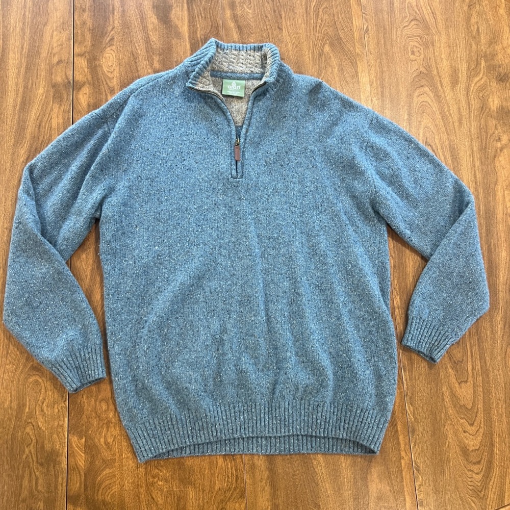 Aran Woollen Mills Mens XL Blue Lambswool Blend Quarter Zip Donegal Sweater